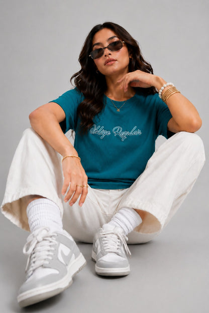 Woman One Ring Script Embroidered Cotton Relaxed  Fit T-Shirt: Teal