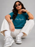 Woman Waffle Knit Embroidered Cotton Relaxed  Fit T-Shirt: Teal