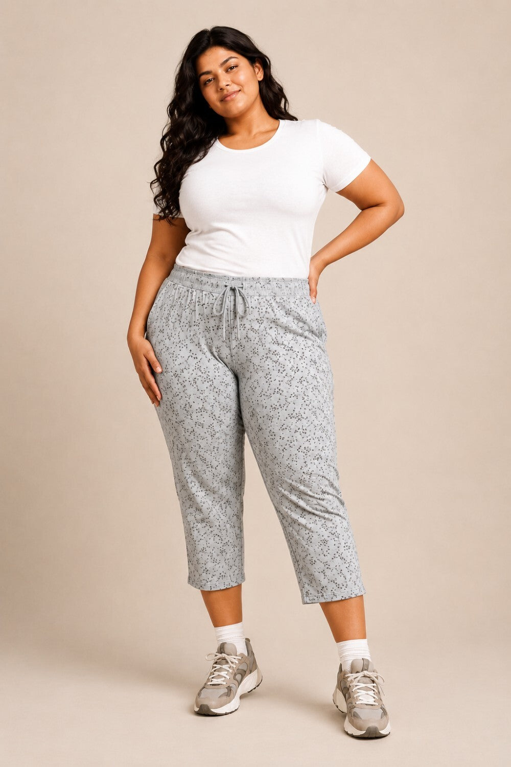 Plus Size Capri For Women - 3/4 Printed Capri (3X-7XL) Pearl Grey