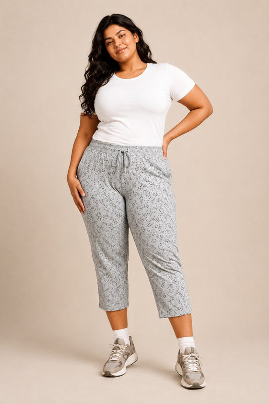 Plus Size Capri For Women - 3/4 Printed Capri (3X-7XL) Pearl Grey