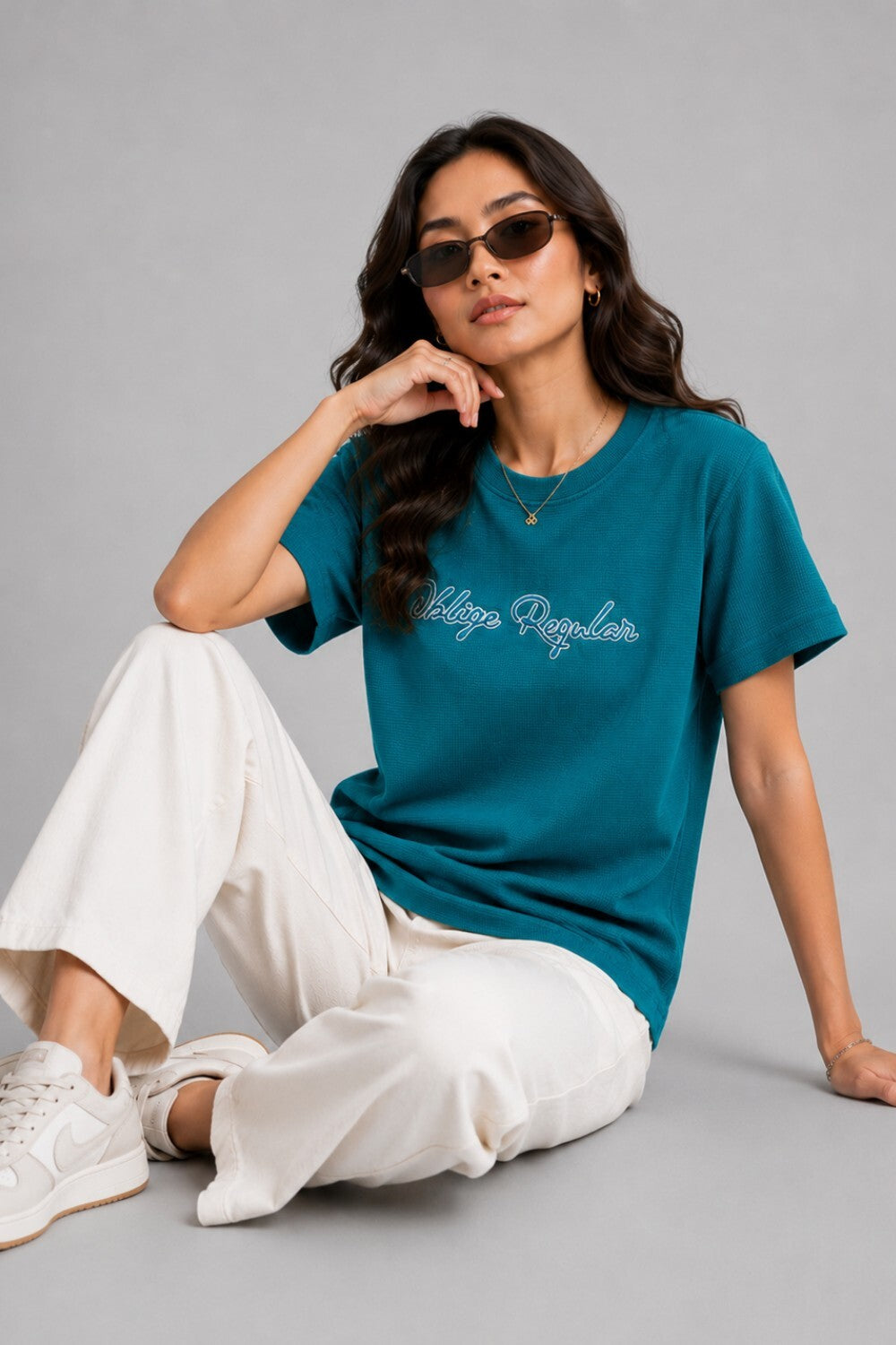 Woman One Ring Script Embroidered Cotton Relaxed  Fit T-Shirt: Teal