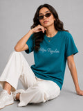 Woman Waffle Knit Embroidered Cotton Relaxed  Fit T-Shirt: Teal