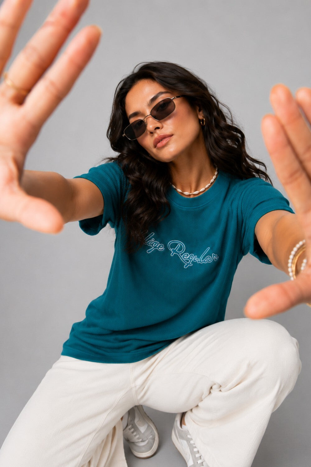 Woman One Ring Script Embroidered Cotton Relaxed  Fit T-Shirt: Teal