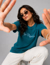 Woman Waffle Knit Embroidered Cotton Relaxed  Fit T-Shirt: Teal