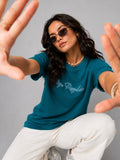 Woman Waffle Knit Embroidered Cotton Relaxed  Fit T-Shirt: Teal
