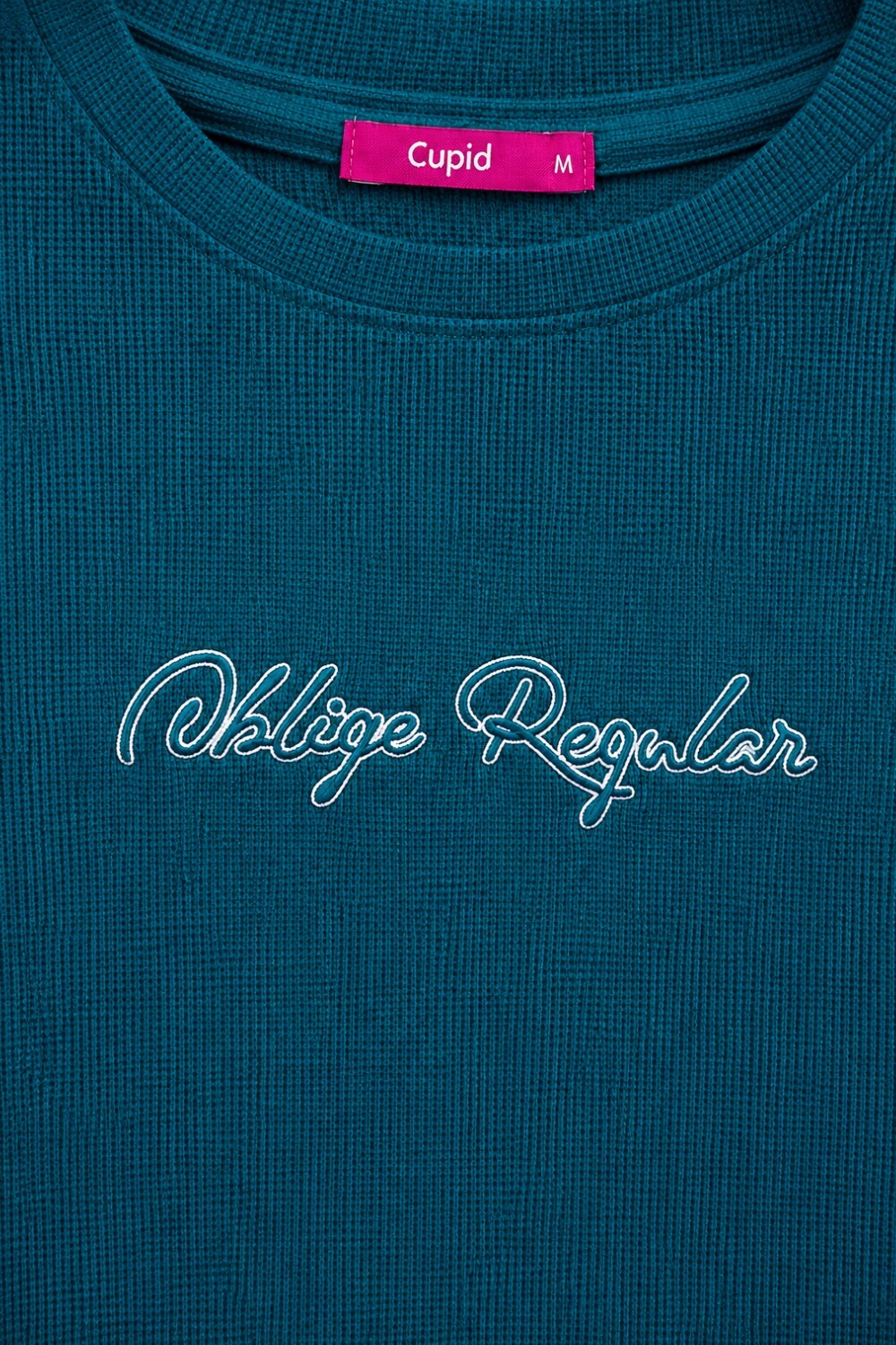 Woman One Ring Script Embroidered Cotton Relaxed  Fit T-Shirt: Teal