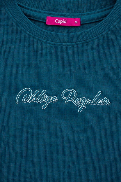 Woman One Ring Script Embroidered Cotton Relaxed  Fit T-Shirt: Teal