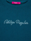 Woman Waffle Knit Embroidered Cotton Relaxed  Fit T-Shirt: Teal