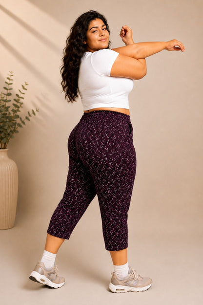 Plus Size Capri For Women - 3/4 Printed Capri (3X-7XL) Wine