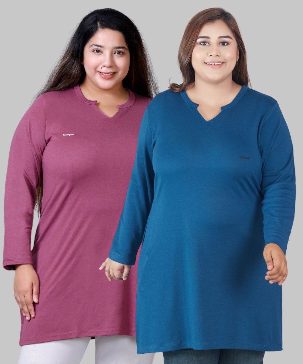 Plus Size Full Sleeves Long Tops For Women - Pack of 2( Mauve& Blue)