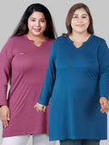 Plus Size Full Sleeves Long Tops For Women - Pack of 2( Mauve& Blue)