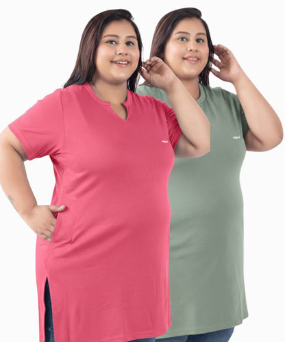 Plus Size Half Sleeves Long Tops For Women - Pack of 2 (Sage & Pink)