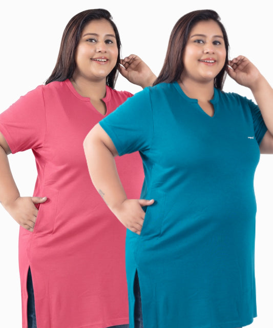 Plus Size Half Sleeves Long Tops For Women - Pack of 2 (Teal & Pink)