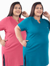Plus Size Half Sleeves Long Tops For Women - Pack of 2 (Teal & Pink)