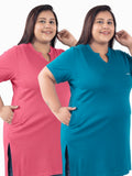Plus Size Half Sleeves Long Tops For Women - Pack of 2 (Teal & Pink)