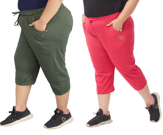 Cotton Capris For Women - Half Pants Pack of 2 (Olive & Pink)