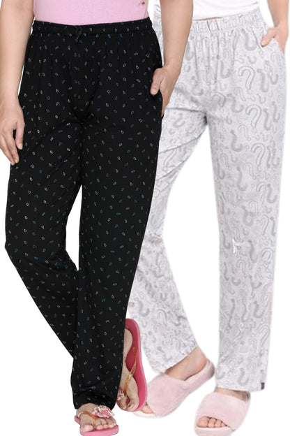 Cotton Printed Pajamas For Women Pack of 2 (Black & Pearl Grey)