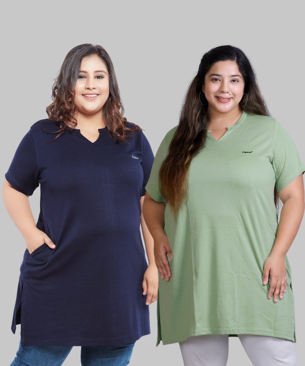 Plus Size Half Sleeves Long Tops For Women - Pack of 2 (Cardamom & Navy)