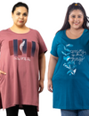 Plus Size Long T-shirts For Women - Half Sleeve - Pack of 2 (Teal/Mauve)