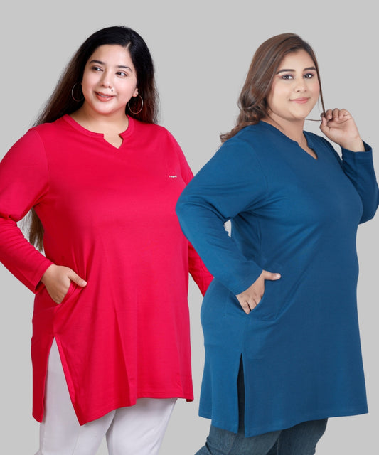 Plus Size Full Sleeves Long Tops For Women - Pack of 2 (Pink & Blue)