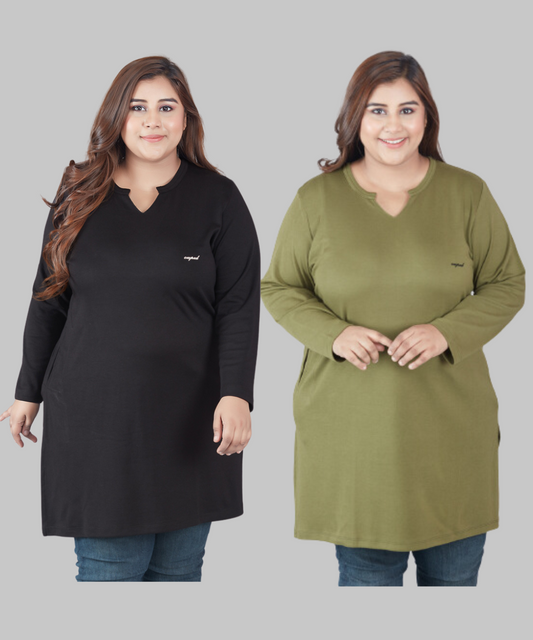 Plus Size Full Sleeves Long Tops For Women - Pack of 2 (Black & Olive Green)