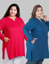 Plus Size Full Sleeves Long Tops For Women - Pack of 2 (Pink & Blue)
