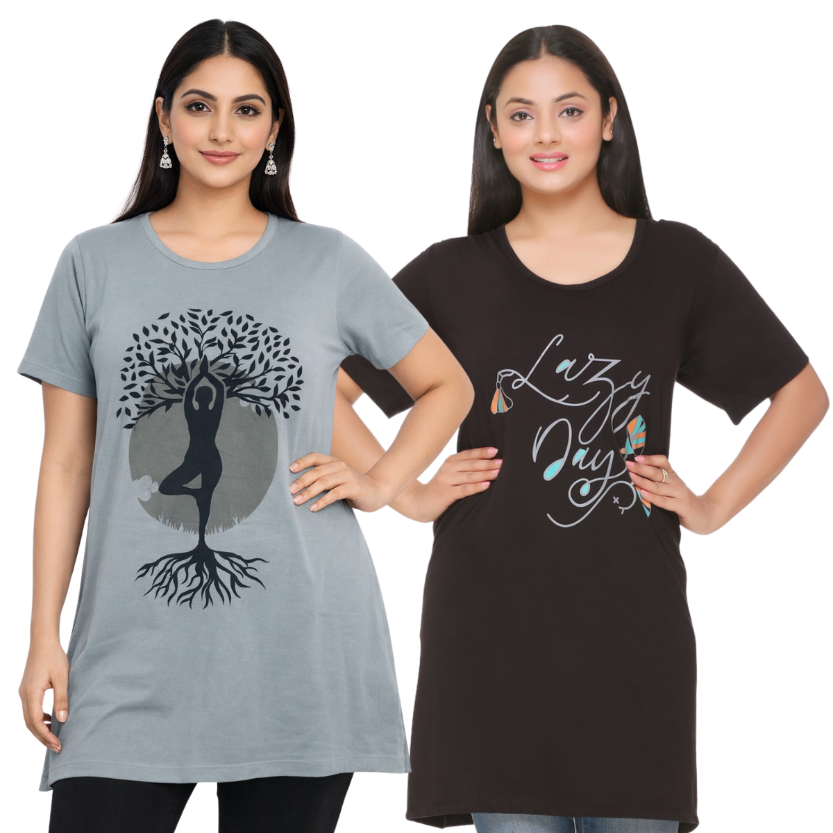 Plus Size Long Hip Covering T-shirts For Women - Half Sleeve - Pack of 2 (Grey & Black)