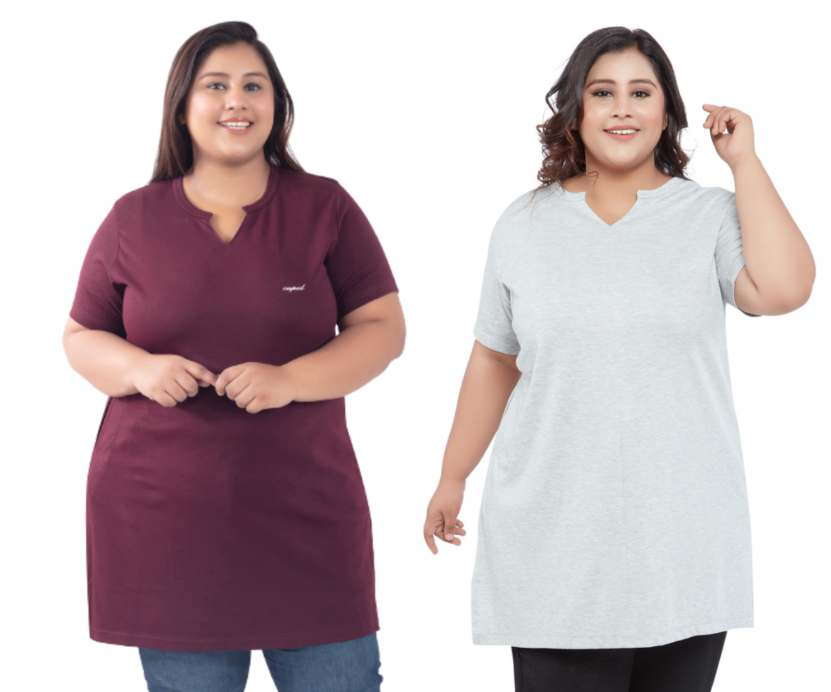 Plus Size Half Sleeves Long Tops For Women - Pack of 2 (Wine & Grey)