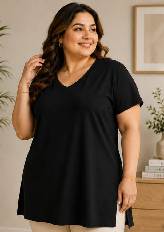 Woman Cotton Lycra V-Neck  Active Tees – Black