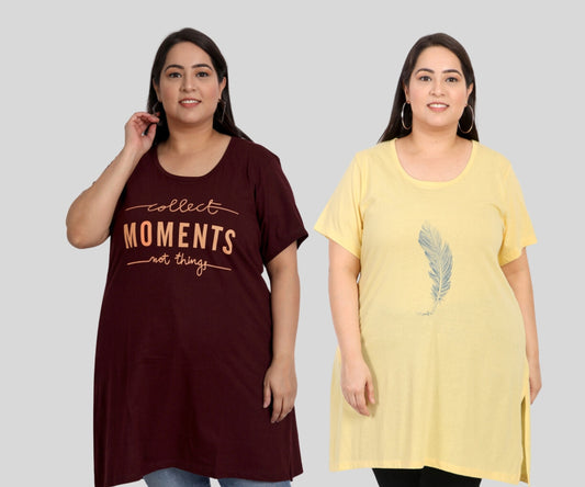 Plus Size Long T-shirts For Women - Half Sleeve - Pack of 2 (Lemon & Wine)