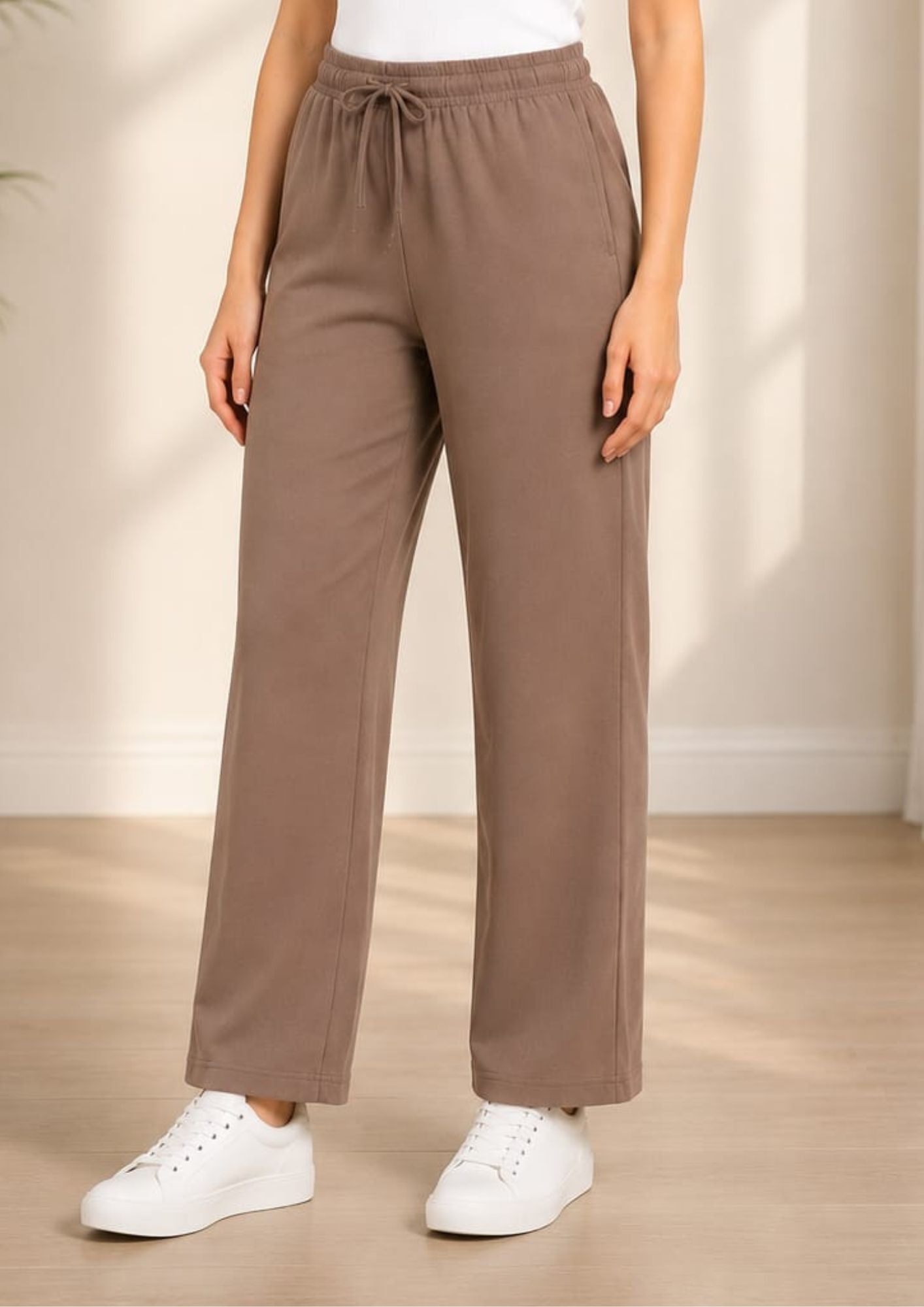 High Rise Cotton Straight Taupe Brown Trackpants