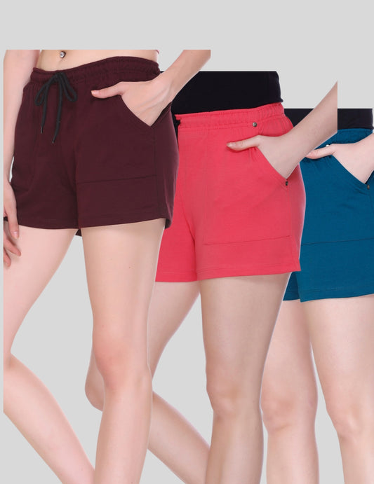 Plain Shorts For Women - Cotton Lounge Shorts(Combo of 3 - Pink/Teal/Wine)