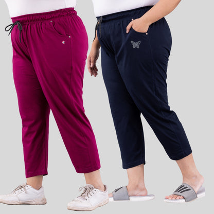 Cotton Capris For Women - Half Pants Pack of 2 (Purple & Navy Blue)