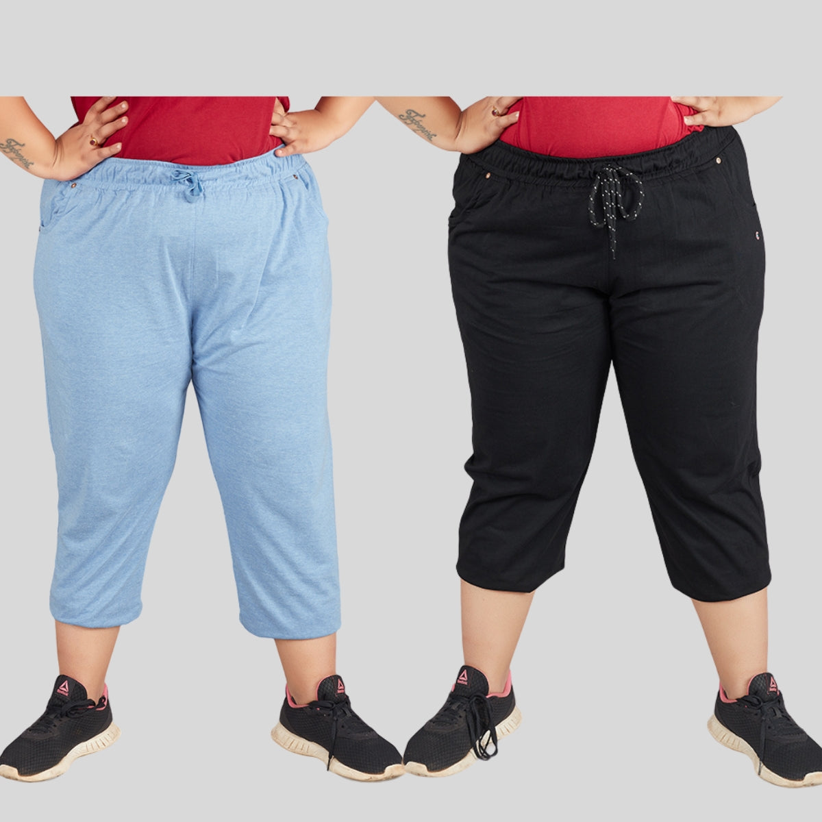 Cotton Capris For Women - Half Pants Pack of 2 (Sky Blue & Black)