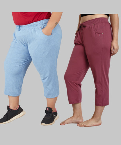 Cotton Capris For Women - Half Pants Pack of 2 (Sky Blue & Mauve)