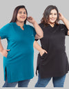 Plus Size Half Sleeves Long Tops For Women - Pack of 2 (Black & Teal)