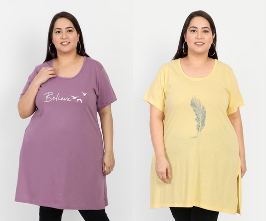 Plus Size Long T-shirts For Women - Half Sleeve - Pack of 2 (Green & Blush  Pink)