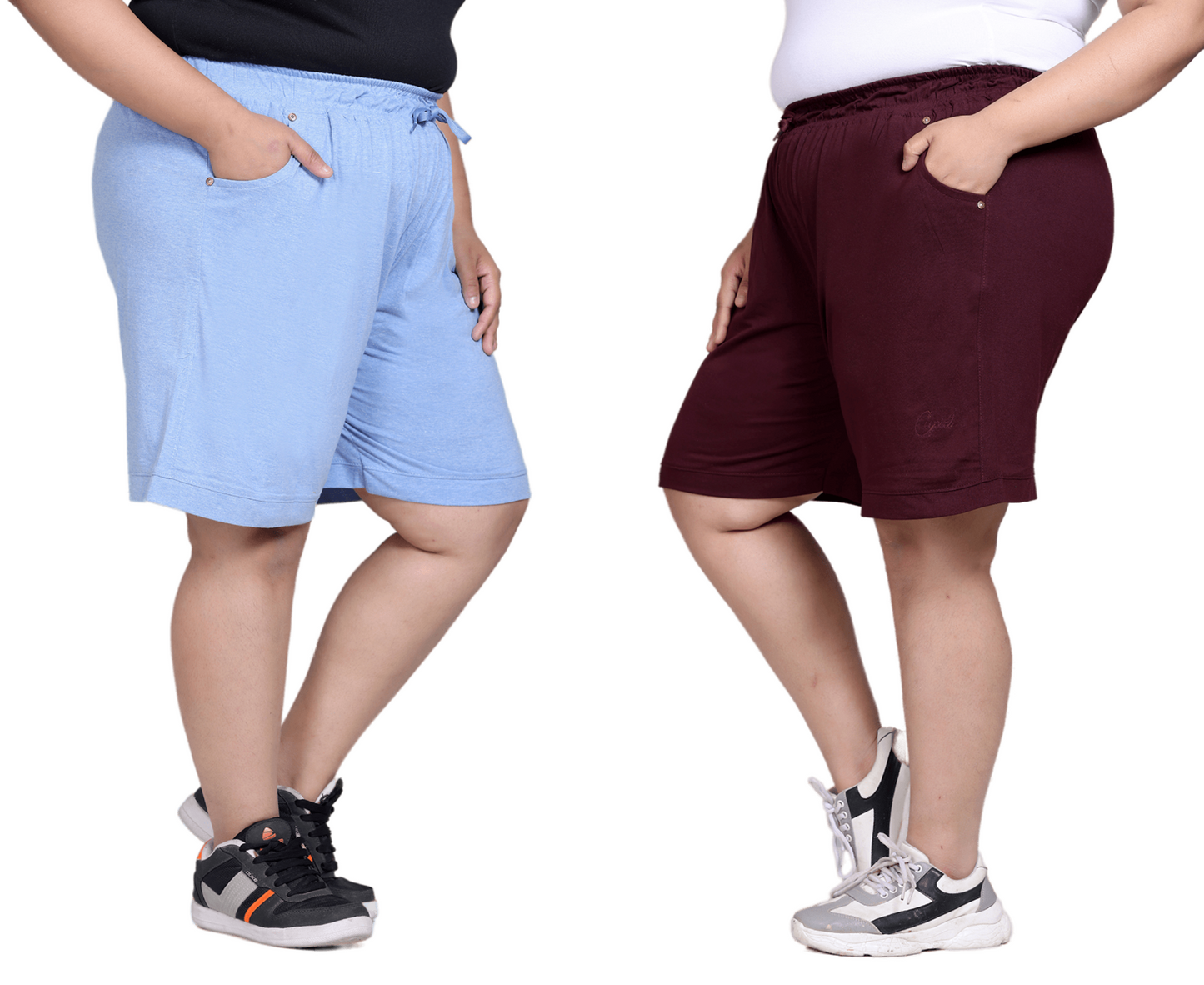 Plus Size Cotton Shorts For Women - Plain Bermuda Combo (Sky Blue & Wine)