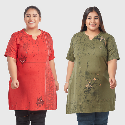 Plus Size Printed Long Tops For Women Half Sleeves - Pack of 2 (Red & Green)