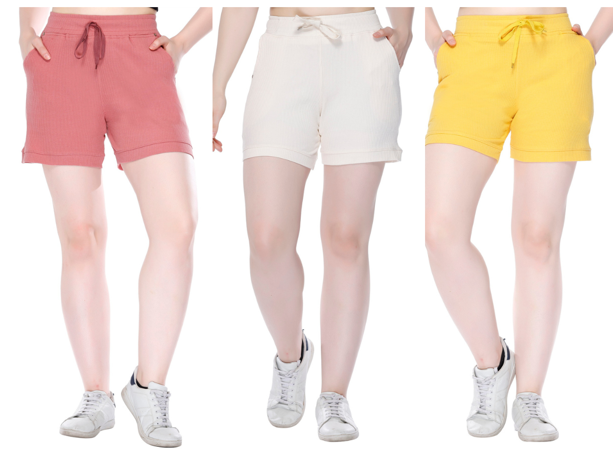 Comfortable Cotton Shorts For Women Combo(Rosy pink / Yellow/Pearl White)Online In India