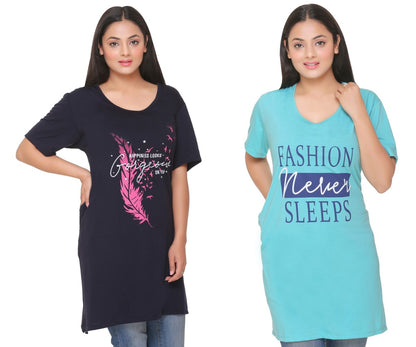 Stylish Half Sleeve Long T-shirt For Women In Plus Size - Navy & Turquoise At Online 