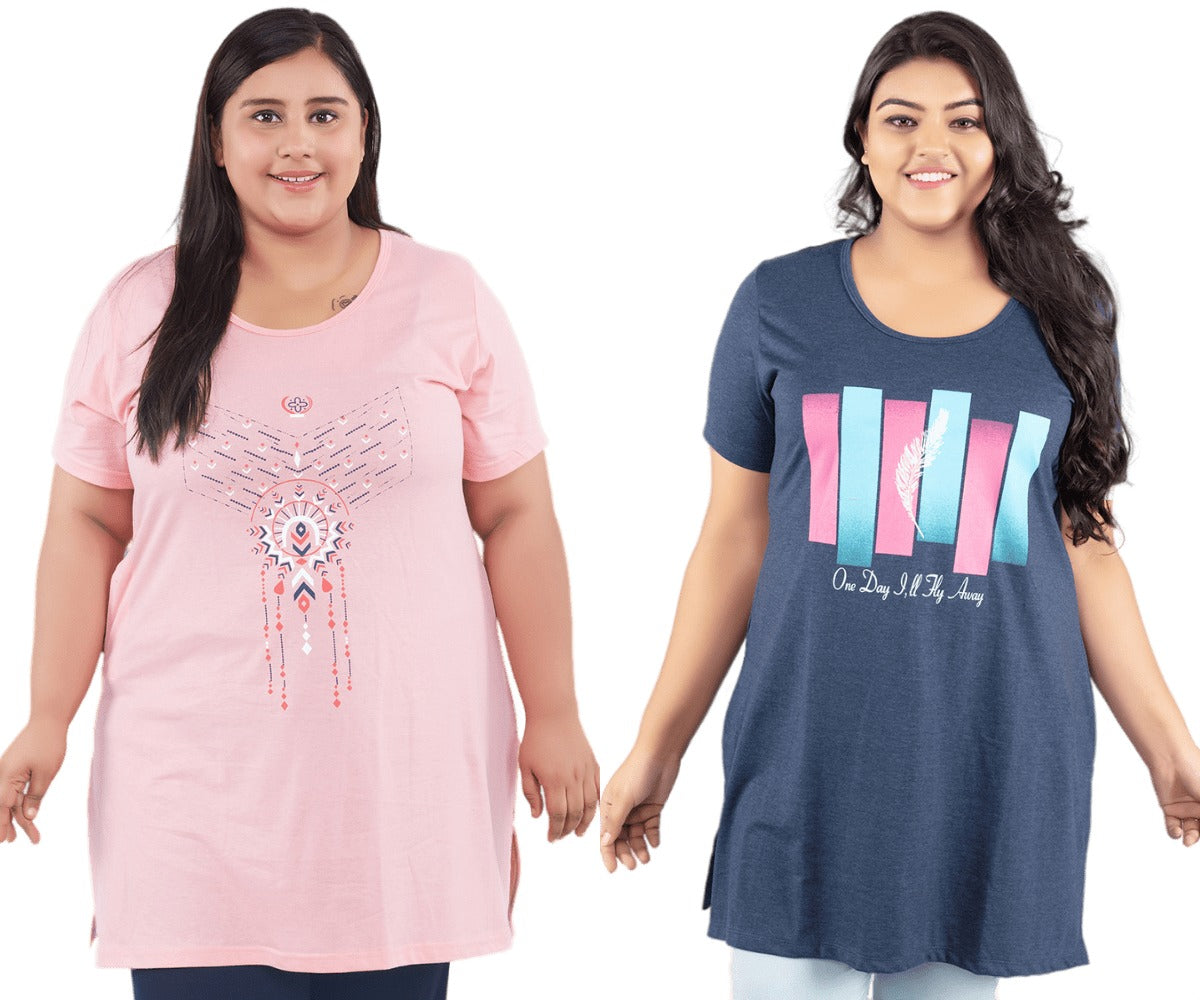 Plus Size Long T-shirts For Women - Half Sleeve - Pack of 2 (Denim Blue & Pink)