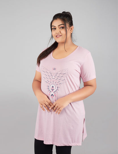 Comfortable Half Sleeve Long T- shirt For Women in Plus Size - Pink At Best Prices