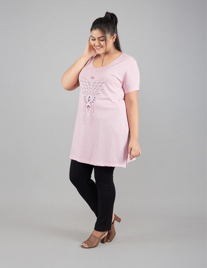 Comfortable Half Sleeve Long T- shirt For Women in Plus Size - Pink At Best Prices