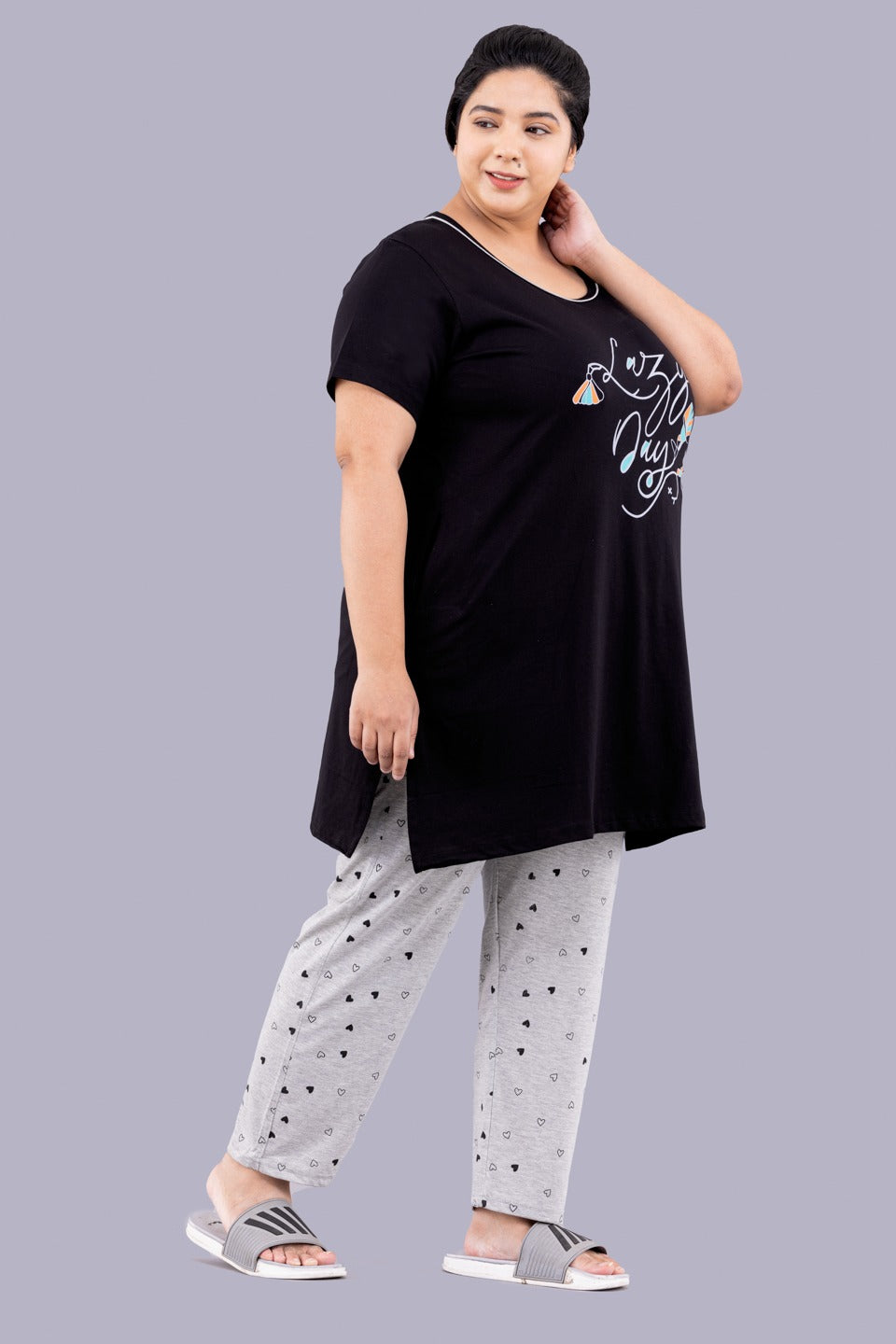 Cotton Nightsuit For Women Long Top Pyjama Set Black Grey