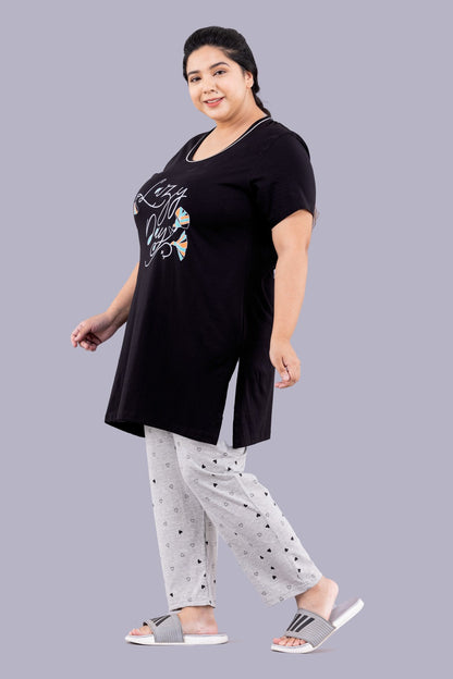 Cotton Nightsuit For Women - Long Top & Pyjama Set - Black & Grey