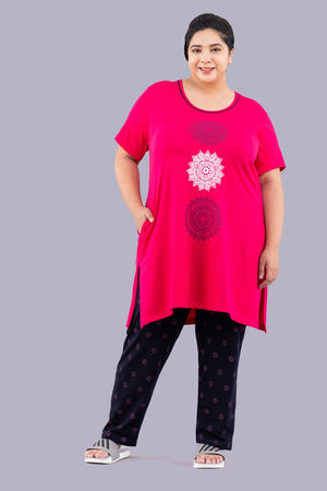 Cotton Nightsuit For Women - Long Top & Pyjama Set - Pink & Navy Blue
