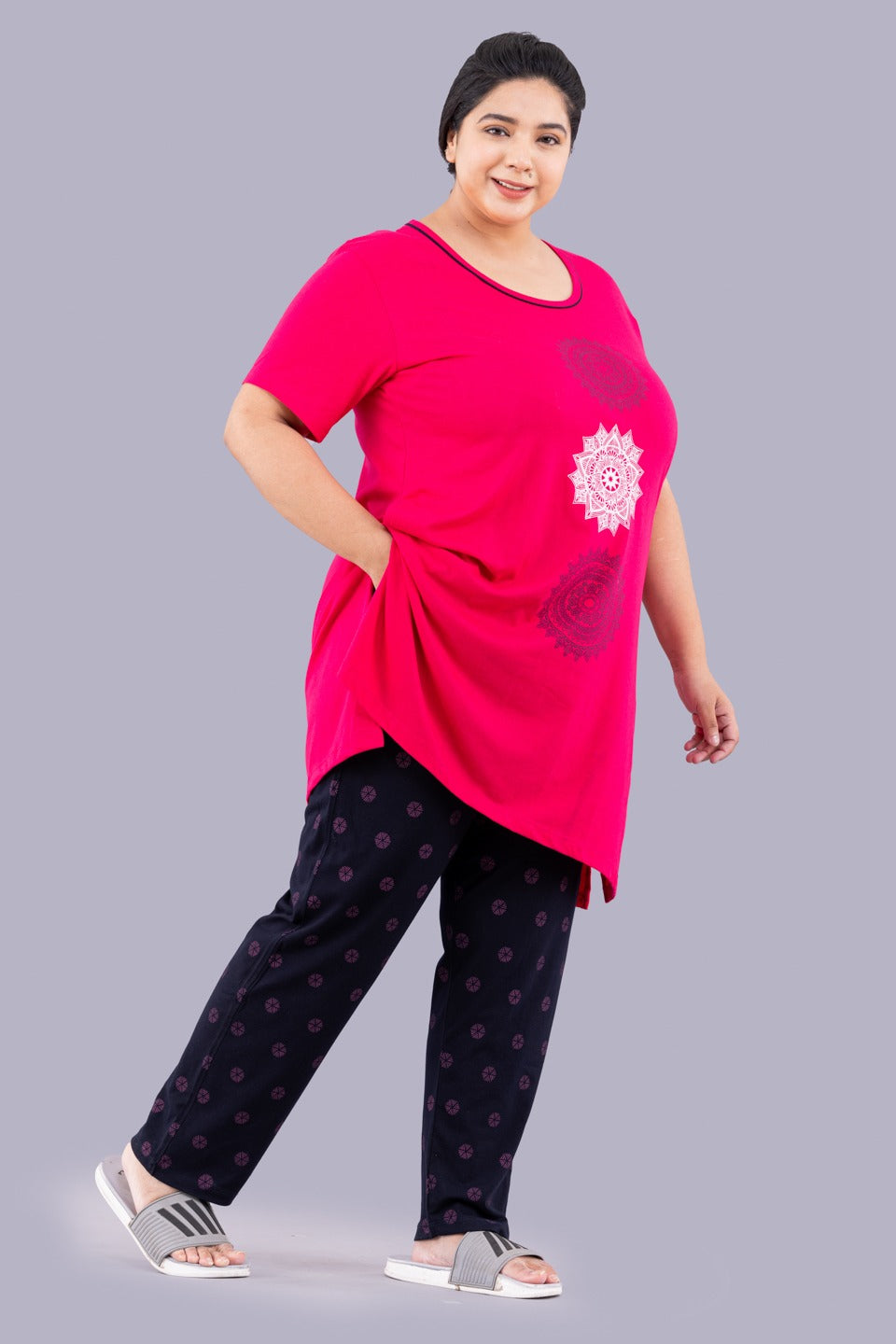 Cotton Nightsuit For Women - Long Top & Pyjama Set - Pink & Navy Blue