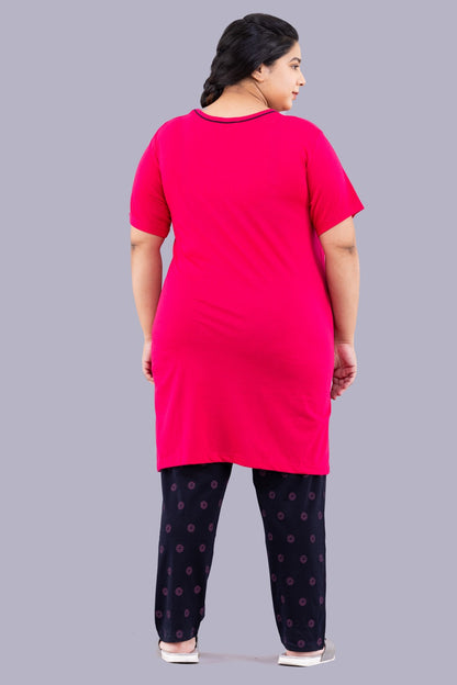 Cotton Nightsuit For Women - Long Top & Pyjama Set - Pink & Navy Blue