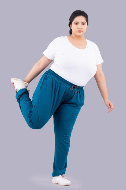Comfy Teal Blue Cotton Plus Size Track Pants For Women At Best Prices